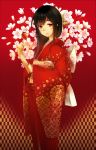  black_hair blush candy_apple cherry_blossoms japanese_clothes kimono long_hair looking_at_viewer obi original phantania red red_eyes solo standing unmoving_pattern yagasuri 