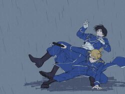  1boy 1girl amestris_military_uniform black_hair blonde_hair fullmetal_alchemist gun handgun highres jacket military military_jacket military_uniform nomnomjobjob riza_hawkeye roy_mustang weapon 