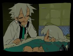  1boy 1girl bath bathing bathroom bathtub black_shirt brother_and_sister cigarette closed_eyes coat commentary_request green_necktie holding holding_cigarette knees_up lab_coat long_sleeves looking_at_another mk1liaoqian necktie open_clothes open_mouth original partially_submerged red_eyes shirt short_hair siblings smile smoke smoking tile_wall tiles water white_hair 
