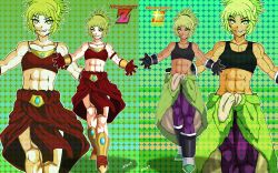  1girl abs absurdres armband artist_name bandeau belt black_bracer black_gloves black_scrunchie black_tank_top blue_gem boots bracer braid broly_(dragon_ball_super) broly_(dragon_ball_super)_(cosplay) broly_(dragon_ball_z) broly_(dragon_ball_z)_(cosplay) character_name clothes_around_waist commentary copyright_name cosplay crossover dark-skinned_female dark_skin dclaret dragon_ball dragon_ball_super dragon_ball_super_broly dragon_ball_z dual_persona english_commentary facing_viewer fang fate/apocrypha fate/grand_order fate_(series) full_body fur_(clothing) fusion gem gloves gold_belt gold_boots gold_bracer gold_necklace gradient_background green_background green_eyes green_fur green_hair hair_between_eyes hair_ornament hair_scrunchie half_up_braid highres jewelry legendary_super_saiyan midriff mordred_(fate) mordred_(fate/apocrypha) multiple_views muscular muscular_arms muscular_female navel necklace outline outstretched_arms pants pelt pelvic_curtain polka_dot polka_dot_background purple_pants red_armband red_bandeau red_gloves red_rope red_scrunchie red_skirt rope scar scar_on_cheek scar_on_chest scar_on_face scrunchie shadow signature skirt smirk spread_arms super_saiyan tan tank_top white_boots white_outline zoom_layer 