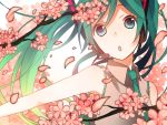  cherry_blossoms green_eyes green_hair hatsune_miku headset koyubi_right necktie open_mouth petals solo twintails vocaloid 