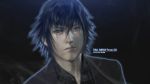  black_hair blue_eyes character_name final_fantasy final_fantasy_versus_xiii formal glowing highres kanyamerian male noctis_lucis_caelum realistic solo suit title_drop 