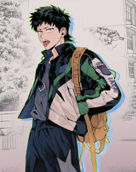  1boy absurdres ace_of_diamond backpack bag black_pants brown_eyes earphones green_outline grey_shirt hands_in_pocket highres jacket kuramochi_youichi male_focus open_clothes open_jacket outline pants shirt shirt_tucked_in solo standing teeth tongue tongue_out undershirt yellow_bag zechengm19 