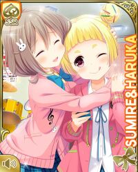  2girls ;q blonde_hair blue_bow blue_bowtie blue_ribbon blue_skirt bow bowtie brown_hair card_(medium) cardigan character_name double_bun drum drum_set girlfriend_(kari) hair_bun hair_ornament hood hoodie hug instrument kazemachi_haruka multiple_girls neck_ribbon official_art one_eye_closed open_clothes open_hoodie open_mouth partially_unbuttoned pink_cardigan pink_hoodie plaid_clothes plaid_skirt pleated_skirt qp:flapper rabbit_hair_ornament raised_inner_eyebrows ribbon school_uniform shirt shirttail skirt smile standing tongue tongue_out treble_clef violet_eyes white_shirt yellow_shirt yomogida_sumire 