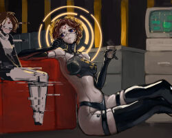  2girls alternate_hair_color alternate_hairstyle android black_gloves blue_eyes blush bodysuit breasts brown_hair commentary commission couch covered_navel crt cup disposable_coffee_cup disposable_cup distortion elbow_gloves english_commentary facial_mark falke_(signalis) forehead_mark gloves grey_bodysuit halo height_difference implied_yuri kolibri_(signalis) latex latex_gloves latex_thighhighs laurel_crown legs_together long_legs medium_breasts multiple_girls no_feet on_floor oreshek panties_over_bodysuit pinky_out short_hair signalis sitting skin_tight solo_focus tall_female thigh-highs 