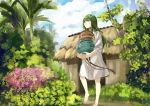  androgynous barefoot beibei1987 enkidu_(fate/strange_fake) fate/strange_fake fate_(series) green_eyes green_hair highres hut long_hair male plant pot pots robe solo 
