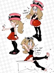  1girl absurdres armpits arms_up blonde_hair blue_eyes commentary english_commentary english_text eyelashes eyewear_on_headwear feet hat highres jellot long_hair open_mouth pink_hat pokemon pokemon_xy ponytail red_skirt serena_(pokemon) shirt skirt sleeveless sleeveless_duster sleeveless_shirt smile soles speech_bubble stirrup_legwear sunglasses thigh-highs toeless_legwear toes white-framed_eyewear 