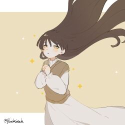  1girl absurdres blackseek brown_hair dress highres long_dress long_hair own_hands_clasped own_hands_together parted_lips saihate_eki solo squinting sweater_vest tenjiku_aoi white_dress yellow_background yellow_eyes yellow_sweater_vest 