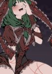  adapted_costume bad_id between_legs blush corset dress frills front_ponytail geppewi green_eyes green_hair hair_ribbon hand_on_own_face kagiyama_hina looking_at_viewer open_mouth red_dress ribbon scar simple_background smile solo tongue tongue_out touhou 