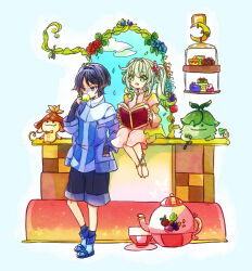  1boy 1girl against_table alternate_costume ankle_flower anklet apple arabalika_(genshin_impact) aranara_(genshin_impact) as_(yesahp) berry black_gloves black_shorts black_socks blue_flower blue_rose blueberry blunt_ends book casual choppy_bangs collar collared_dress commentary contemporary crescent cross-shaped_pupils cup diorama dress drinking elbow_gloves eyeliner falling_leaves falling_petals fingerless_gloves flower food food_print food_request frilled_collar frills fruit full_body genshin_impact gloves gold grapes green_eyes green_hair hair_ornament hand_up holding holding_book holding_cup jacket jewelry kettle leaf leaf_hair_ornament legs_together long_hair looking_at_another macaron makeup nahida_(genshin_impact) open_book open_clothes open_jacket open_mouth orange_flower parted_bangs pastry petals pink_dress pink_sleeves plate purple_hair purple_jacket purple_sleeves red_eyeliner red_flower red_rose rose scaramouche_(genshin_impact) shirt shorts side_ponytail sidelocks single_off_shoulder sitting slippers socks standing symbol-only_commentary symbol-shaped_pupils tareme teacup toes tsurime turn_pale violet_eyes wanderer_(genshin_impact) white_background 