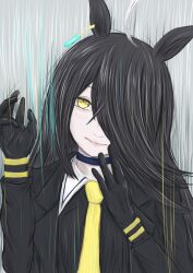  1girl absurdres ahoge animal_ears black_coat black_gloves black_hair black_shirt blue_choker choker closed_mouth coat contrast_collar ear_ornament ear_tag earrings gloves grey_background hair_over_one_eye hands_up highres horse_ears horse_girl jewelry kujakucafe light_blush long_bangs long_hair long_sleeves looking_at_viewer manhattan_cafe_(umamusume) multicolored_hair necktie shirt single_earring smile solo umamusume white_hair yellow_necktie 