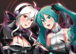  ahoge aqua_eyes aqua_hair breasts bridal_gauntlets caffein cleavage elbow_gloves fingerless_gloves gloves hatsune_miku hatsune_miku_(append) miku_append multiple_girls nail_polish open_mouth red_eyes twintails vocaloid vocaloid_append white_hair yowane_haku yowane_haku_(append) 