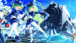  2girls blue_archive blue_boots blue_hat blue_jacket blue_shorts blue_skirt blush boots closed_mouth commentary_request demon_tail green_hair green_halo halo hat highres hikari_(blue_archive) holding holding_boots holding_unworn_clothes jacket long_hair multiple_girls nozomi_(blue_archive) open_mouth pantyhose pointy_ears railroad_tracks shirt sho_me_1853 shorts skirt tail train twintails unworn_boots walking water white_pantyhose white_shirt yellow_eyes 