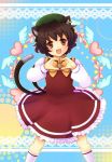  animal_ears bow brown_hair cat_ears cat_tail chen dress eyeball heart heart_hands highres jewelry kneehighs multiple_tails open_mouth red_eyes sasara_housara short_hair single_earring solo tail touhou 