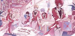  5boys absurdres beads black_hair black_shirt blonde_hair blue_eyes bookshelf bow box brooch buttons chair choker coattails commentary counter cowboy_shot cup curtained_hair drawer ensemble_stars! fleur-de-lis full_body fwfoooo green_eyes grey_hair hair_between_eyes hanging_light happy_anniversary heart heart_brooch heart_choker highres holding holding_box holding_cup holding_paper indoors jacket jewelry knights_(ensemble_stars!) lamp lapels leaning_back leaning_on_table letter love_collector_(ensemble_stars!) male_focus medium_hair mug multiple_boys narukami_arashi on_chair open_mouth orange_hair paper pink_theme postage_stamp red_bow red_choker red_eyes red_hair sakuma_ritsu sena_izumi_(ensemble_stars!) shirt short_hair sitting standing suou_tsukasa surprised sweat table tailcoat tsukinaga_leo violet_eyes white_jacket 