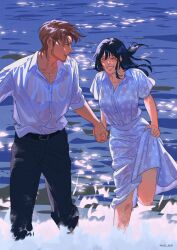  1boy 1girl beard_stubble belt black_belt black_hair black_pants blue_dress brown_hair closed_eyes collared_dress collared_shirt commentary couple day dress english_commentary facial_hair facing_another floral_print floral_print_dress grin hair_between_eyes happy hetero highres holding_hands jean_kirstein leg_up light_blush long_hair mikasa_ackerman ocean open_mouth outdoors pants pants_rolled_up print_dress scar scar_on_cheek scar_on_face shingeki_no_kyojin shirt shirt_tucked_in short_hair short_sleeves sideburns skirt_hold sleeves_rolled_up smile standing standing_on_one_leg stubble wading water weis_sen wet wet_clothes wet_dress wet_shirt white_shirt 