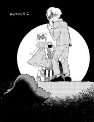  1girl 2boys bac0n_pancakes bad_id bad_pixiv_id baseball_bat black_background bow commentary_request copyright_name dress frying_pan full_body greyscale hair_bow highres holding holding_baseball_bat holding_frying_pan holding_weapon jeff_andonuts long_sleeves looking_at_creature monochrome mother_(series) mother_2 multiple_boys ness_(mother_2) open_mouth pants paula_(mother_2) scared shoes short_hair simple_background slime_(creature) slimy_little_pile standing sweat weapon 