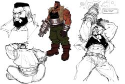  arm_tattoo bandaged_arm bandages barret_wallace beard belt black_gloves black_hair black_tank_top boots brown_boots brown_vest capsule_(capsulecomputrz) clenched_teeth closed_mouth dark-skinned_male dark_skin dog_tags earrings facial_hair final_fantasy final_fantasy_vii fingerless_gloves furrowed_brow gloves green_pants highres indian_style jewelry looking_at_viewer male_focus multiple_views muscular muscular_male pants parted_lips prosthetic_weapon short_hair single_earring sitting skull_tattoo tank_top tattoo teeth torn_clothes torn_sleeves very_short_hair vest white_background 