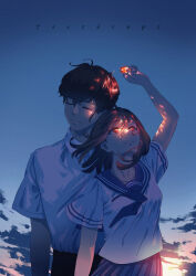  1boy 1girl above_clouds absurdres ahoge arm_up artist_name belt black_belt black_hair black_pants blue_neckerchief blue_sailor_collar blue_skirt blue_sky closed_eyes closed_mouth clouds collarbone collared_shirt commentary_request couple gem highres holding holding_gem neckerchief orange_eyes original pants pleated_skirt red_gem sailor_collar school_uniform serafuku shirt shirt_tucked_in short_hair skirt sky smile sunset teardrops_(user_vgvd7733) turning_head upper_body white_shirt 