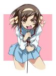  brown_eyes brown_hair hairband microphone microphone_stand open_mouth school_uniform serafuku short_hair singing suzumiya_haruhi suzumiya_haruhi_no_yuuutsu tatami_(loop) 