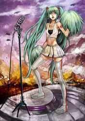  absurdres airplane aqua_eyes aqua_hair blimp cheerleader danann floating_hair hatsune_miku highres jet long_hair microphone microphone_stand midriff skirt solo thigh-highs thighhighs twintails very_long_hair vocaloid 