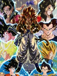  absurdres black_hair blue_eyes blue_sash body_fur commentary_request dougi dragon_ball dragon_ball_gt dragon_ball_z gogeta highres long_hair looking_at_viewer male_focus metamoran_vest monkey_boy monkey_tail multiple_boys muscular muscular_male no_nipples pants pectorals red_fur red_hair sai_t_d saiyan sash short_hair smile son_goku spiky_hair super_saiyan super_saiyan_1 super_saiyan_4 tail vegeta 