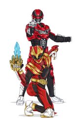  2boys absurdres armor black_bodysuit bodysuit chou_uchuu_keiji_gavan_infinity full_body gavan_infinity gozyuwolf helmet highres multiple_boys no.1_sentai_gozyuger red_armor red_bodysuit red_helmet simple_background super_sentai tega_sword tokusatsu waitochan white_background 