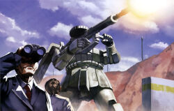  2boys aiming artist_request binoculars brown_hair cable clouds cloudy_sky creator_and_creation dome firing gun gundam gundam_perfect_file highres holding holding_binoculars holding_gun holding_weapon lab_coat lamppost machine_gun magazine_scan mecha military_base mobile_suit mobile_suit_gundam mobile_suit_gundam_the_origin multiple_boys muzzle_flash necktie official_art painting_(medium) promotional_art prototype_design realistic robot scan science_fiction scientist shield sky space_habitat traditional_media weapon zaku zaku_ii zeon 