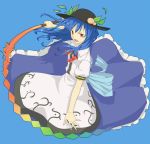 blue_background blue_hair food fruit hat hinanawi_tenshi holding kahasina kawashina_(momen_silicon) long_skirt open_mouth peach red_eyes simple_background skirt solo sword sword_of_hisou touhou weapon wind