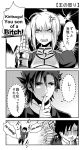  2boys anger_vein armor comic dress emiya_kiritsugu english fate/zero fate_(series) finger_to_mouth gauntlets gran0116 highres kotomine_kirei middle_finger monochrome multiple_boys puffy_sleeves saber translated translation_request 