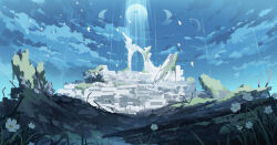  absurdres artist_name clouds commentary_request crescent_moon falling_petals flower full_moon highres moon multiple_moons neon_genesis_evangelion no_humans petals rock ruins scenery teardrops_(user_vgvd7733) white_flower white_petals 