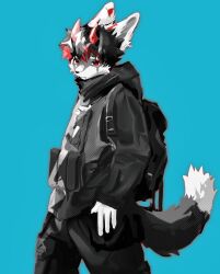  1boy animal_ears blue_background cowboy_shot dog_boy furry furry_male grey_bag grey_fur grey_hair grey_hoodie grey_pants grey_tail hashtag-only_commentary highres hood hoodie horns male_focus multicolored_hair original pants red_eyes red_hair red_horns red_streaks sdvoit simple_background two-tone_fur two-tone_hair two-tone_tail white_fur white_tail 