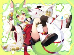  1girl ahoge animal_ear_fluff animal_ears asymmetrical_legwear bell black_bridal_gauntlets black_shorts black_socks black_thighhighs bow bowtie bridal_gauntlets commentary_request detached_sleeves fang frilled_kimono frilled_skirt frills full_body green_hair haconect high-waist_skirt highres japanese_clothes jingle_bell kimono kneehighs long_hair long_sleeves mira_lupus multicolored_hair nontraditional_miko open_mouth print_kimono red_bow red_bowtie red_ribbon red_skirt ribbon ruhika sandals shorts single_kneehigh single_sock single_thighhigh skirt sleeveless sleeveless_kimono socks solo streaked_hair tail thigh-highs uneven_legwear virtual_youtuber white_bow white_hair white_sleeves white_socks wide_sleeves wolf_ears wolf_girl wolf_tail yellow_bow yellow_eyes zouri 