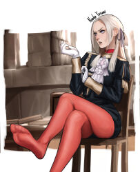  1girl artist_name blonde_hair crossed_legs edelgard_von_hresvelg feet fire_emblem fire_emblem:_three_houses foot_focus garreg_mach_monastery_uniform gloves hair_ribbon highres indoors legs long_hair long_sleeves looking_to_the_side mixed-language_commentary nanbu_yasumi no_shoes open_mouth pantyhose parted_bangs pink_lips puffy_long_sleeves puffy_sleeves purple_ribbon red_pantyhose ribbon shade sitting soles solo sweatdrop upper_body violet_eyes white_gloves 