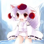  animal_ears blush highres inubashiri_momiji one-piece_swimsuit open_mouth school_swimsuit smile solo swimsuit swimsuit_under_clothes tail touhou white_hair white_school_swimsuit white_swimsuit wolf_ears wolf_tail yume_shokunin 