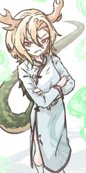  1girl absurdres alternate_costume antlers blonde_hair blue_dress breasts china_dress chinese_clothes commentary_request crossed_arms dragon_girl dragon_horns dragon_tail dress green_scales green_tail hair_between_eyes highres horns kicchou_yachie kneehighs long_sleeves looking_at_viewer medium_hair one-hour_drawing_challenge red_eyes side_slit small_breasts socks solo tail touhou turtle_shell ve1024 white_socks yellow_horns 