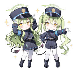  2girls absurdres armband black_boots black_hat black_jacket black_shorts black_skirt blue_archive blue_armband boots buttons chibi chibi_only closed_mouth demon_tail double-breasted full_body gloves green_hair green_halo halo hand_on_own_hip hat highres hikari_(blue_archive) jacket kepi long_hair long_sleeves military_hat miniskirt multiple_girls nozomi_(blue_archive) pantyhose pantyhose_under_shorts pleated_skirt pointy_ears rabbit_pose rim_(rimmon2438) shorts skirt star_(symbol) tail twintails very_long_hair white_gloves white_pantyhose yellow_eyes 