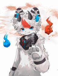  1boy animal_ears animal_hands blue_eyes blue_fire body_fur cat_boy cat_ears closed_mouth commentary_request fire furry furry_male grey_horns grey_neckerchief grin highres horns male_focus multicolored_hair neckerchief original pawpads red_fire red_hair red_streaks sdvoit short_hair smile solo teeth two-tone_hair upper_body white_background white_fur white_hair 