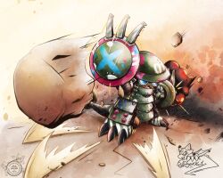  armor digimon digimon_(creature) dual_wielding full_body gekkart goggles green_armor green_helmet helmet holding holding_shield ludomon shield 