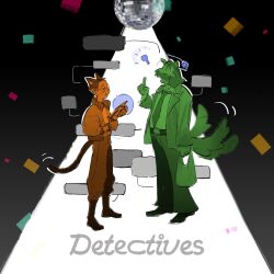  2boys animal_ears bag belt blank_speech_bubble blazer bomber_jacket book cat_boy cat_ears cat_tail collared_shirt color_contrast disco disco_elysium english_text facial_hair full_body furrification furry glasses harry_du_bois highres holding holding_bag holding_book index_finger_raised jacket kim_kitsuragi light_bulb multiple_boys mutton_chops necktie open_book pointing shirt speech_bubble standing tail tail_wagging unamused uni_barti wolf_boy 