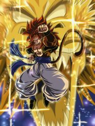 1boy absurdres aura blue_sash body_fur clenched_hands commentary_request dougi dragon dragon_ball dragon_ball_gt dragon_ball_z_dokkan_battle dragon_fist_(dragon_ball) eastern_dragon full_body gogeta gold_scales gold_skin golden_dragon highres incoming_attack long_hair looking_at_viewer male_focus metamoran_vest monkey_boy monkey_tail muscular muscular_male open_mouth pants pectorals sai_t_d saiyan sash solo spiky_hair super_saiyan super_saiyan_4 tail teeth wristband yellow_scales 