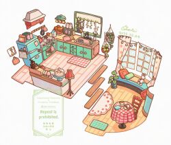  apple banana bottle cake calendar_(object) chair coffee_bag coffee_maker commentary_request curtains cutting_board dated drawer food fruit fruit_basket frying_pan indoors kitchen lamp leaf mochimura_sorata no_humans original oven pillow plant potted_plant refrigerator round_table signature simple_background sink strawberry stuffed_animal stuffed_rabbit stuffed_toy table tablecloth teapot twitter_username watermark white_background window wooden_floor 