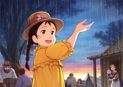  3boys 4girls :d arthur_popple barrel beard braid brown_hair child clara_popple commentary_request dress ernie_popple facial_hair family goat hamster hat highres holding house kate_popple lucy_may_popple marsh_(minami_no_niji_no_lucy) medium_hair minami_no_niji_no_lucy multiple_boys multiple_girls nakajima_majikana outdoors rain revision short_sleeves smile tent tree world_masterpiece_theater yellow_dress 