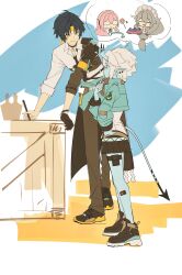  1boy 1girl absurdres alexandrina_sebastiane aqua_jacket armor asaba_harumasa bingzhen_h2o black_choker black_gloves black_hair black_necktie black_pants black_shoes blue_horns blue_oni blue_skin blue_tail box choker closed_mouth clothes_around_waist colored_skin commentary_request earrings gloves hair_between_horns headband highres horns jacket jewelry looking_at_another multicolored_horns necktie oni pants parted_bangs pendant_choker pointy_ears shirt shoes short_hair shoulder_armor single_glove skin-covered_horns sleeves_rolled_up smile soukaku_(zenless_zone_zero) speech_bubble standing thought_bubble tsukishiro_yanagi two-tone_horns two-tone_tail white_hair white_shirt yellow_eyes yellow_headband zenless_zone_zero 