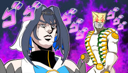  1girl 1other absurdres araki_hirohiko_(style) aura blue_eyes blue_hair chain chain_hairband comically_serious commentary_request dio_brando eyelashes glowing glowing_eyes highres hololive hololive_english korean_commentary lips menacing_(jojo) minchi_(anda) ouro_kronii ouro_kronii_(1st_costume) parody purple_aura red_eyes serious sidelocks stand_(jojo) style_parody subway_(company) the_world_(stand) thick_eyebrows veil white_veil 