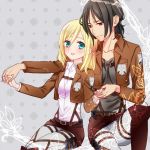  2girls black_hair blonde_hair blush christa_renz freckles jacket koharu_(mh) multiple_girls ponytail shingeki_no_kyojin short_hair uniform ymir_(shingeki_no_kyojin) 