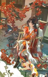  1girl absurdres bird black_boots black_hair blue_eyes boots branch brick_floor bu_guize_huan calico_(pattern) calico_cat chair chinese_clothes chinese_commentary chinese_paper-cut commentary_request dog facial_mark flower forehead_mark full_body hair_branch hair_bun hand_on_own_cheek hand_on_own_face hanfu head_rest highres holding holding_paper lattice long_hair looking_at_animal looking_down on_chair pants paper paper_heron papercutting red_flower red_hanfu reverse:1999 sitting smile solo watermark white_pants window 