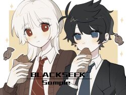  2boys :t akinashi_haru black_hair black_jacket blackseek blue_necktie blush brown_cardigan cardigan diagonal-striped_clothes diagonal-striped_necktie dress_shirt eating food highres jacket lapels looking_at_another male_focus multiple_boys necktie open_cardigan open_clothes open_jacket red_eyes red_necktie saihate_eki shirt short_hair striped_clothes suit_jacket taiyaki tatsunami_shion upper_body wagashi white_hair 