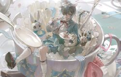  1boy absurdres alternate_costume animal_ears ascot blue_eyes blue_hair blue_jacket blue_shorts bow cat_ears cat_tail ciel_phantomhive closed_mouth collar commentary cup cupcake eyepatch food food_on_face fork frilled_collar frills fruit gloves hair_between_eyes hat highres holding holding_fork holding_plate in_container in_cup jacket kemonomimi_mode kneehighs kuroshitsuji male_focus mini_hat neptune_hi plate red_bow short_hair shorts sitting socks solo strawberry stuffed_animal stuffed_rabbit stuffed_toy tail teacup teacup_hat tongue tongue_out white_ascot white_gloves white_socks 