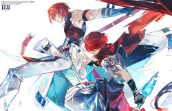  2boys absurdres arm_tattoo bandaged_hand bandages black_gloves clothes_around_waist commentary eeju fate/grand_order fate_(series) fingerless_gloves fuuma_kotarou_(fate) fuuma_kotarou_(second_ascension)_(fate) gloves hair_over_eyes harada_sanosuke_(fate) highres holding holding_polearm holding_weapon jacket jacket_around_waist kunai male_focus multiple_boys multiple_scars pants polearm red_hair red_scarf scar scar_on_arm scar_on_shoulder scarf symbol-only_commentary tattoo tied_jacket toned toned_male weapon white_background white_pants 